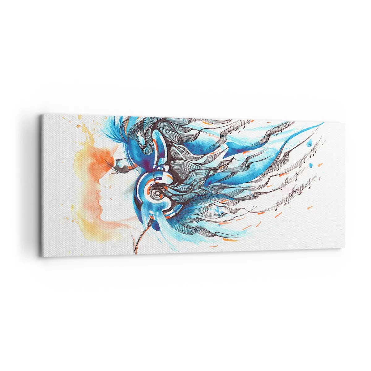 Obraz na płótnie - Artystyczna grafika kobiety w słuchawkach z muzycznymi akcentami - 120x50cm - Niech gra muzyka - Nowoczesna dekoracja ścienna do salonu i sypialni ARTTOR