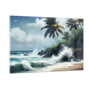 Obraz na szkle - Fale uderzające o skały przy palmach na tropikalnej plaży - 120x80cm - Na tropikalnym brzegu - Nowoczesna dekoracja ścienna do salonu, kuchni i sypialni ARTTOR