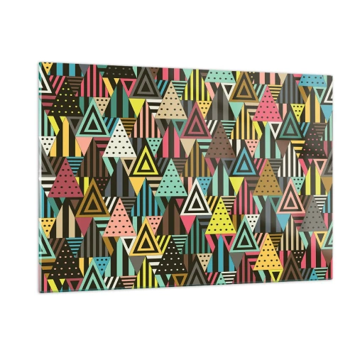 Obraz na szkle - Abstrakcyjna kompozycja z trójkątami w intensywnych kolorach - 120x80cm - W rytmie na trzy - Nowoczesna dekoracja ścienna do salonu, kuchni i sypialni ARTTOR