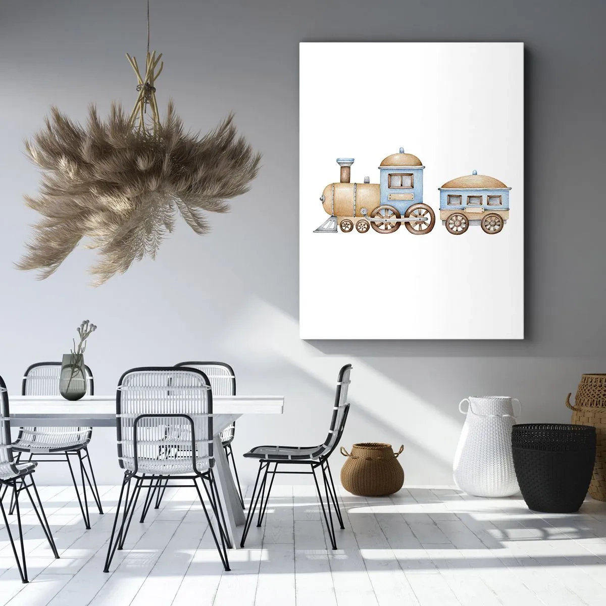 Obraz na płótnie - Ilustracja akwarelowa przedstawiająca drewniany pociąg w pastelowych kolorach - 50x70cm - Stoi na stacji... - Nowoczesna dekoracja ścienna do salonu, kuchni i sypialni ARTTOR