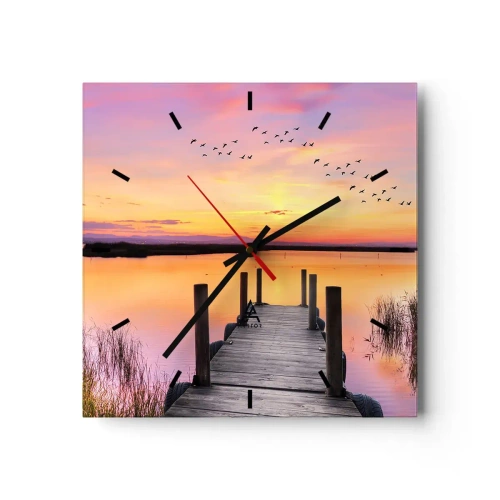 Zegar ścienny - Pomost na jeziorze o zachodzie słońca z ptakami na niebie - 30x30cm - Fiołkowy cichy świt - Nowoczesna dekoracja ścienna do salonu i sypialni ARTTOR