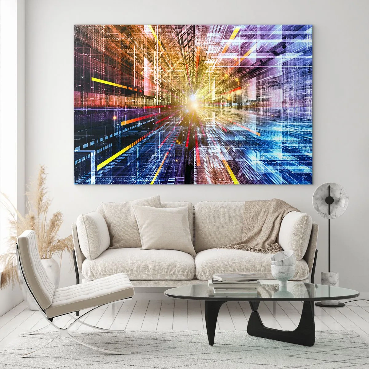 Obraz na szkle - Abstrakcyjna wizja z kolorowymi liniami i światłem - 120x80cm - Świetlny korytarz - Nowoczesna dekoracja ścienna do salonu, kuchni i sypialni ARTTOR