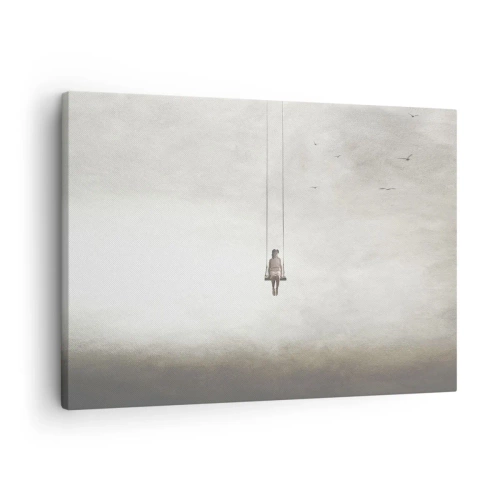 Obraz na płótnie - Postać na huśtawce zawieszonej w przestrzeni - 70x50cm - Dziecko w nas - Nowoczesna dekoracja ścienna do salonu i sypialni ARTTOR