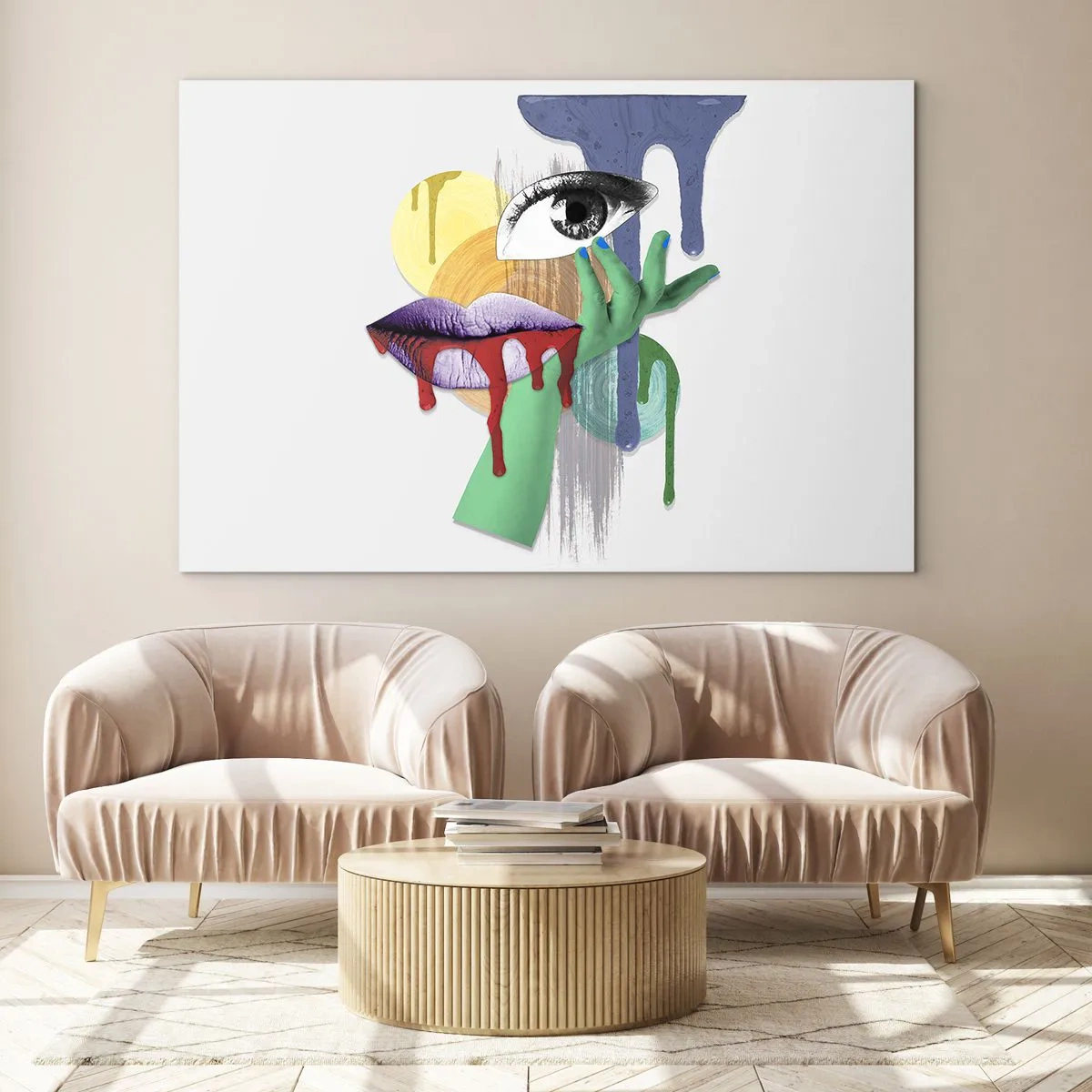 Obraz na szkle - Abstrakcyjna kompozycja z okiem, ustami i kolorami - 120x80cm - Portret zdekonstruowany - Nowoczesna dekoracja ścienna do salonu, kuchni i sypialni ARTTOR