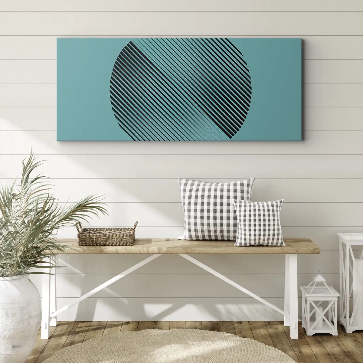 Obraz na płótnie - Minimalistyczne koło z liniami na turkusowym tle - 120x50cm - Koło – geometryczna wariacja - Nowoczesna dekoracja ścienna do salonu i sypialni ARTTOR