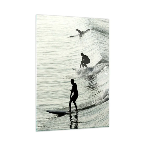 Obraz na szkle - Trzech surferów płynących na falach o poranku - 50x70cm - Na spotkanie fali - Nowoczesna dekoracja ścienna do salonu, kuchni i sypialni ARTTOR
