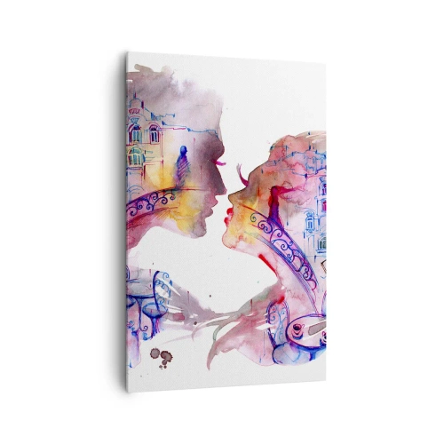Obraz na płótnie - Romantyczna akwarela przedstawiająca sylwetki zakochanych - 80x120cm - Tajemny most westchnień - Nowoczesna dekoracja ścienna do salonu i sypialni ARTTOR