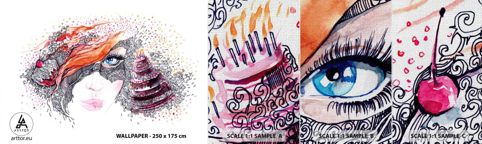 Fototapeta Próbka Premium Canvas - Z nią codziennie jest święto - Abstrakcja, Twarz Kobiety, Tort - 100x30 cm