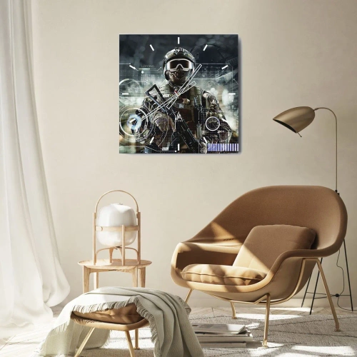 Zegar ścienny - Żołnierz w futurystycznym hełmie z bronią w tle technologii - 30x30cm - Moc do potęgi - Nowoczesna dekoracja ścienna do salonu i sypialni ARTTOR