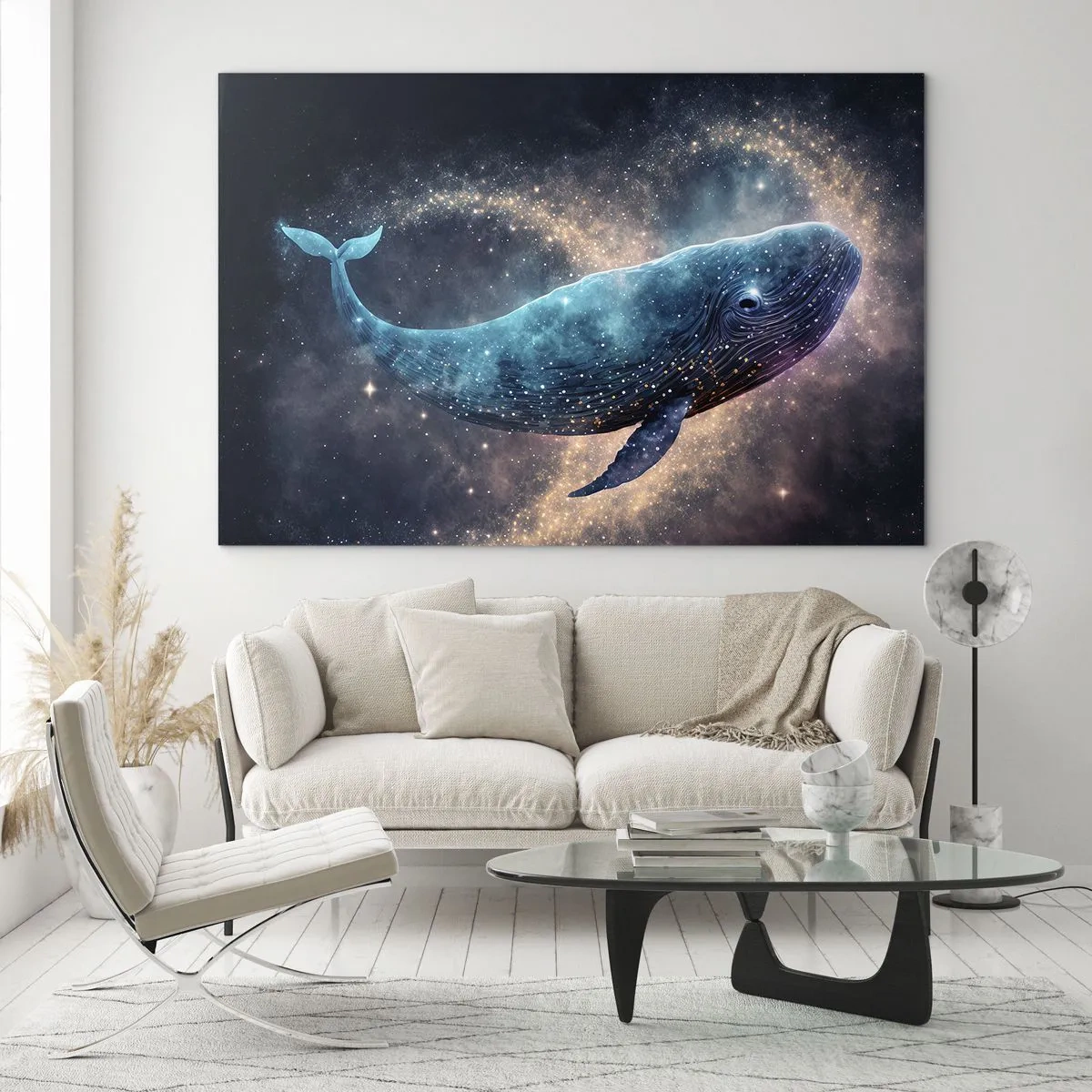 Obraz na szkle - Niebieski wieloryb unoszący się w galaktyce - 70x50cm - Jest taki świat… - Nowoczesna dekoracja ścienna do salonu i sypialni ARTTOR
