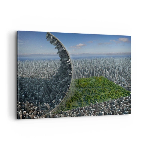 Obraz na płótnie - Dynamiczne miasto z surrealistycznym zakrzywieniem - 120x80cm - Natura jest wieczna - Nowoczesna dekoracja ścienna do salonu, kuchni i sypialni ARTTOR