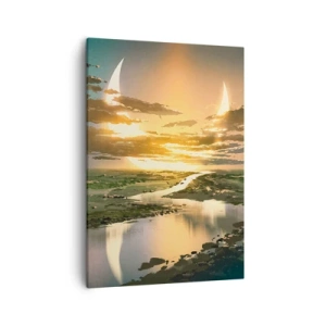 Obraz na płótnie - Fantastyczny krajobraz z podwójnym księżycem i rzeką odbijającą niebo - 50x70cm - Gdzieś w odległej galaktyce - Nowoczesna dekoracja ścienna do salonu, kuchni i sypialni ARTTOR
