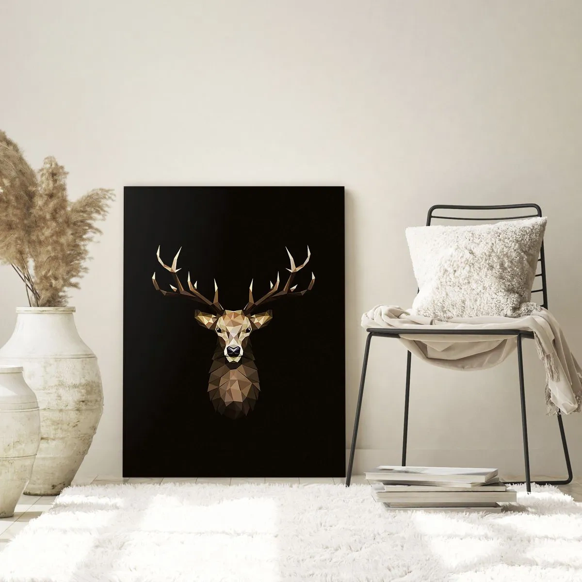 Obraz na szkle - Geometryczny jeleń na czarnym tle - 50x70cm - Kubistyczny jeleń - Nowoczesna dekoracja ścienna do salonu, kuchni i sypialni ARTTOR