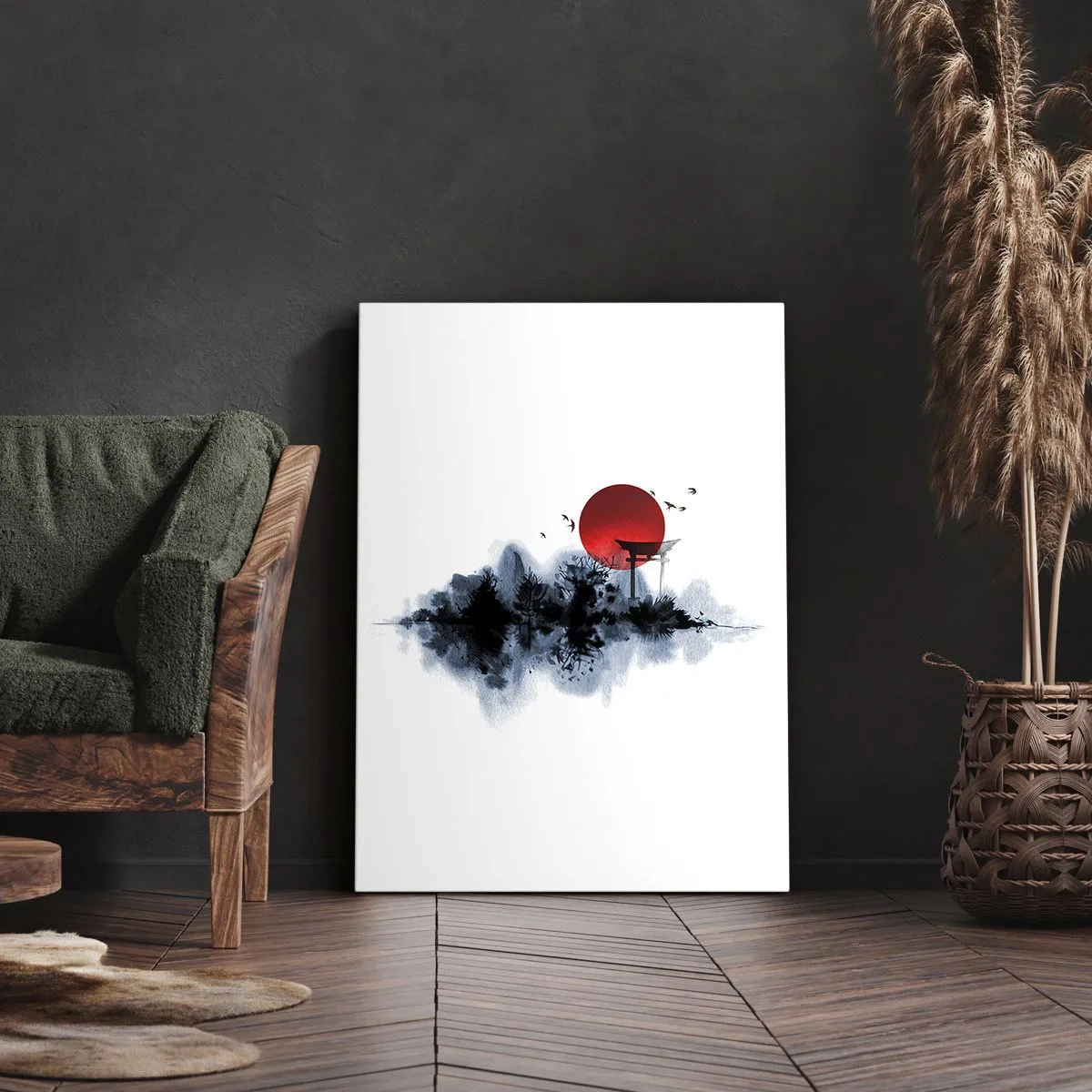 Obraz na płótnie - Minimalistyczna japońska kompozycja z czerwonym słońcem - 50x70cm - Japoński widok - Nowoczesna dekoracja ścienna do salonu, kuchni i sypialni ARTTOR