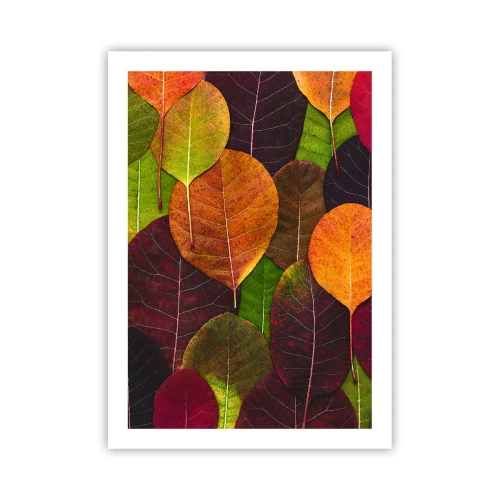 Plakat - Kolorowe liście w odcieniach zieleni, pomarańczu i czerwieni ułożone w mozaikę - 50x70cm - Jesienna mozaika - Nowoczesna dekoracja ścienna do salonu, kuchni i sypialni ARTTOR