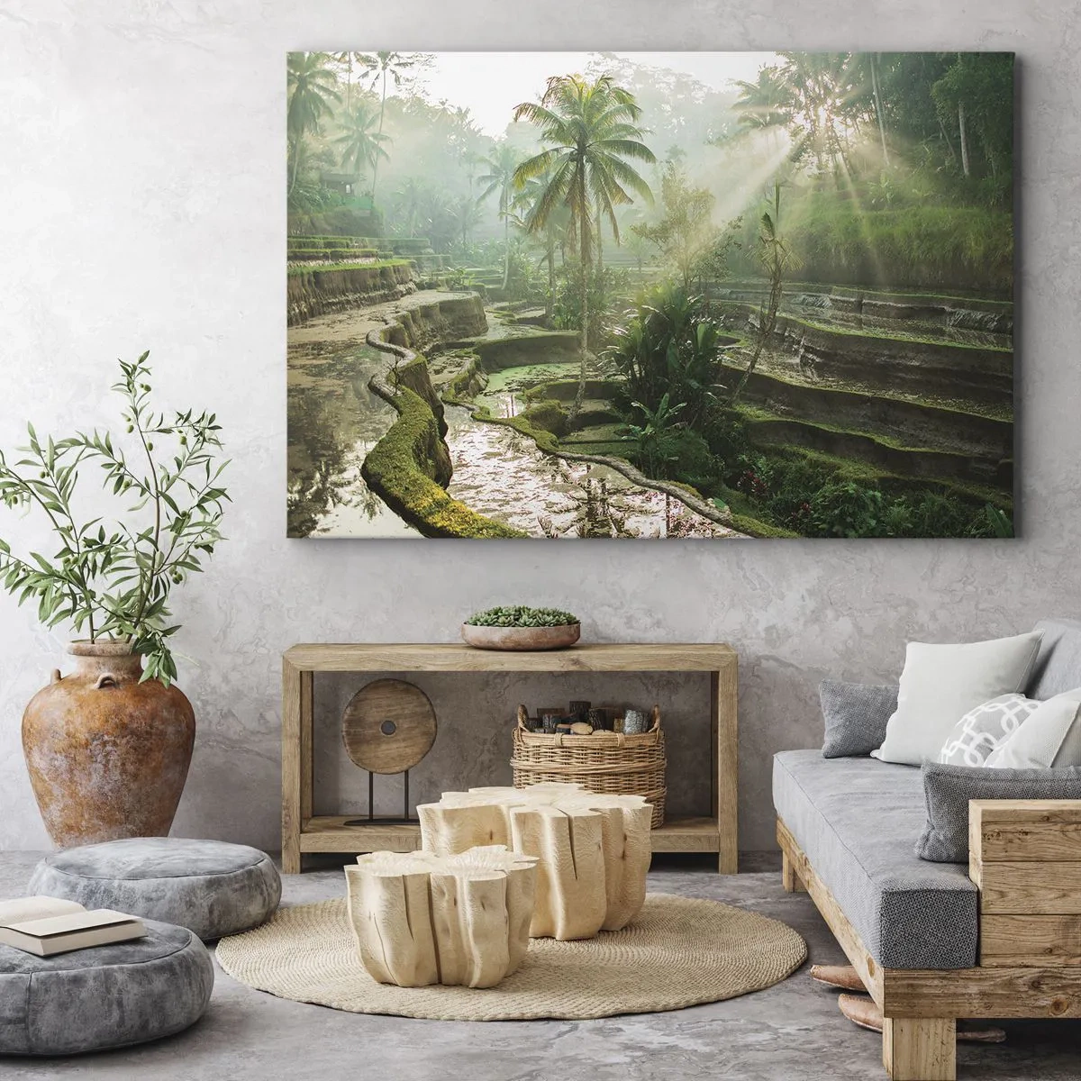Obraz na płótnie - Tarasy ryżowe z palmami w promieniach słońca - 70x50cm - Dorastać w słońcu - Nowoczesna dekoracja ścienna do salonu i sypialni ARTTOR