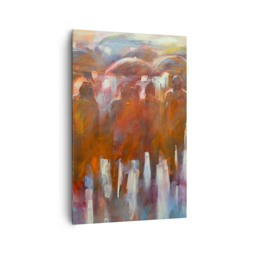 Obraz na płótnie - Tłum ludzi z parasolami w deszczowej, artystycznej scenerii - 80x120cm - Równi w deszczu i mgle - Nowoczesna dekoracja ścienna do salonu i sypialni ARTTOR