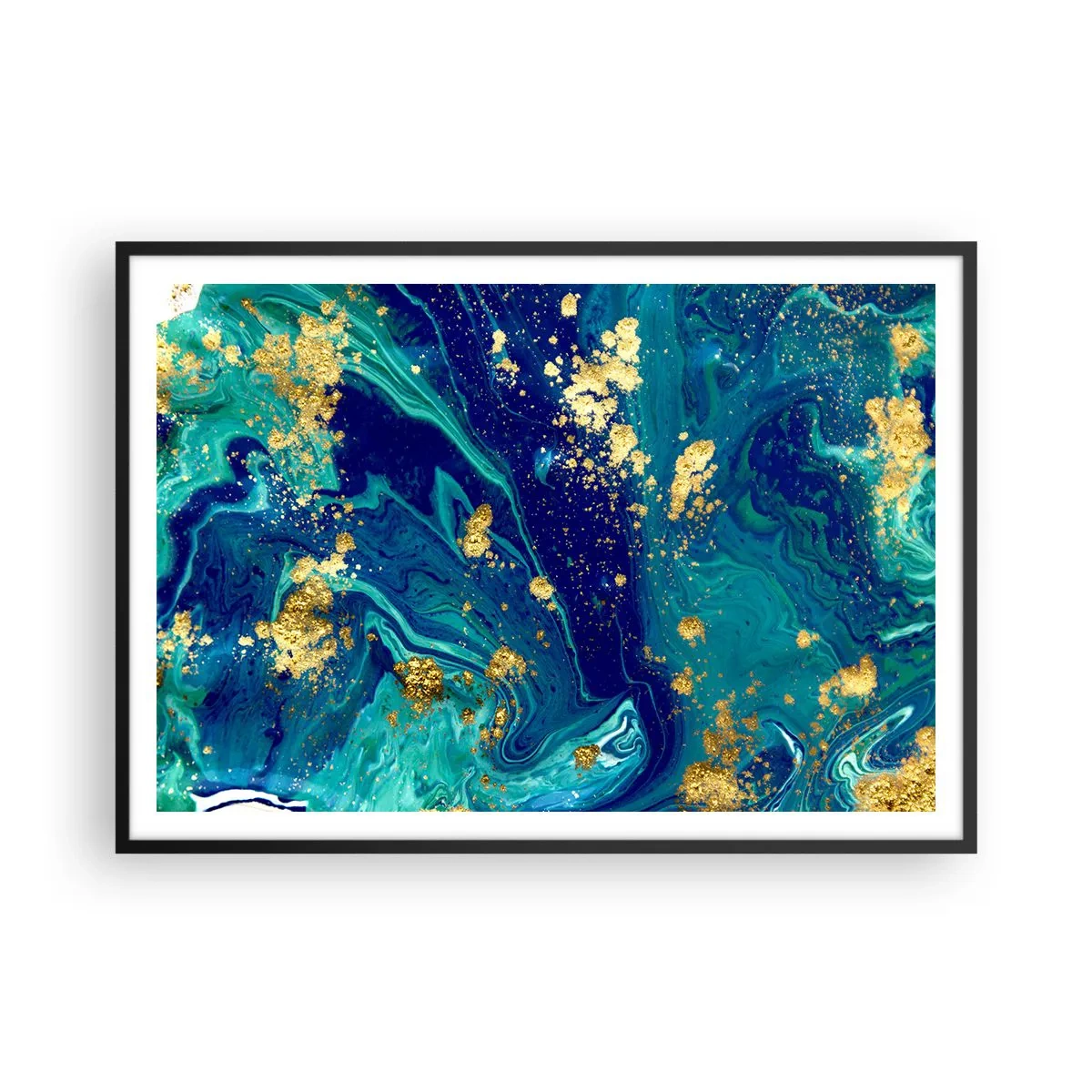 Plakat w czarnej ramie - Abstrakcyjna kompozycja z błękitem, zielenią i złotymi akcentami - 100x70cm - Płatki słońca  - Nowoczesna dekoracja ścienna do salonu i sypialni ARTTOR