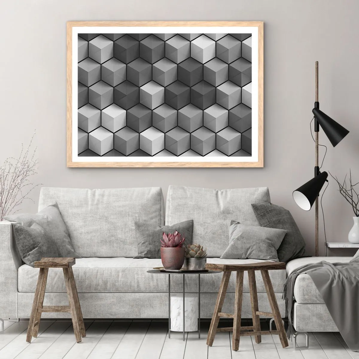 Plakat w ramie jasny dąb - Kubistyczna układanka - 91x61 cm