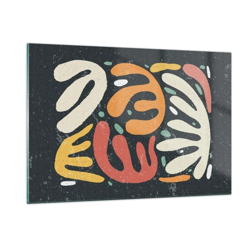 Obraz na szkle - Kolorowe organiczne kształty na ciemnym tle w stylu abstrakcyjnym - 120x80cm - Kompozycja – zaraz cię schwytam - Nowoczesna dekoracja ścienna do salonu, kuchni i sypialni ARTTOR
