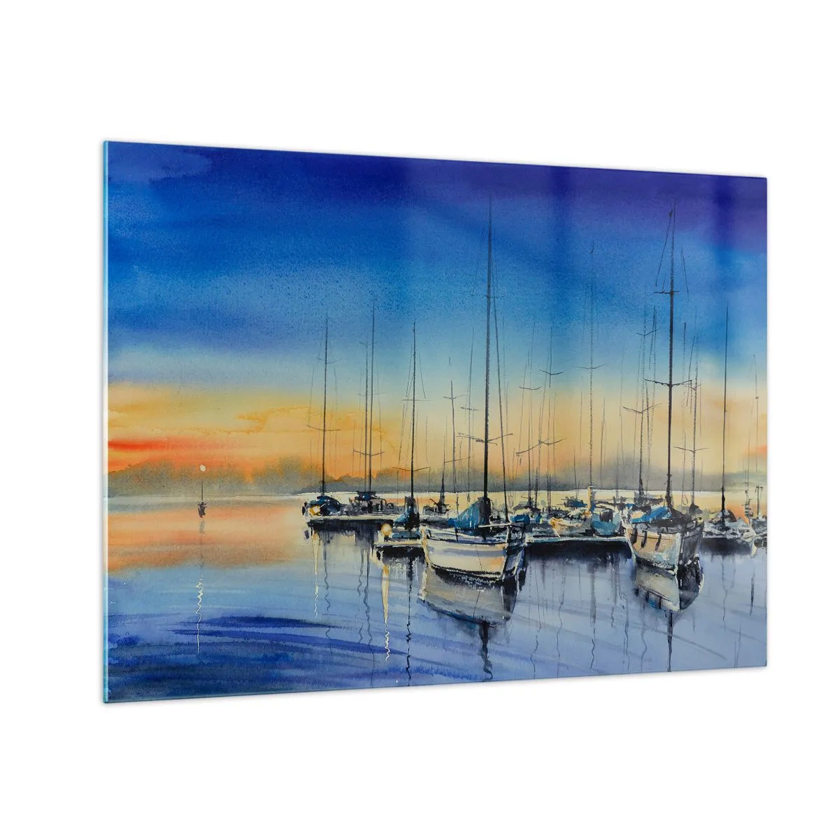 Obraz na szkle - Żaglówki w porcie o zachodzie słońca - 70x50cm - Koniec dobrego dnia - Nowoczesna dekoracja ścienna do salonu i sypialni ARTTOR