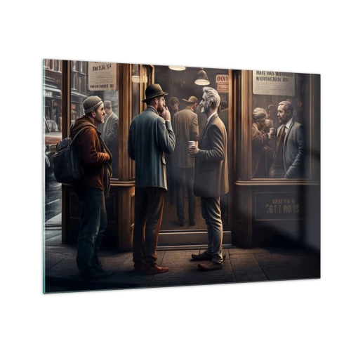 Obraz na szkle - Mężczyźni rozmawiający przed kawiarnią w miejskim klimacie retro - 70x50cm - Dobra chwila dnia - Nowoczesna dekoracja ścienna do salonu i sypialni ARTTOR