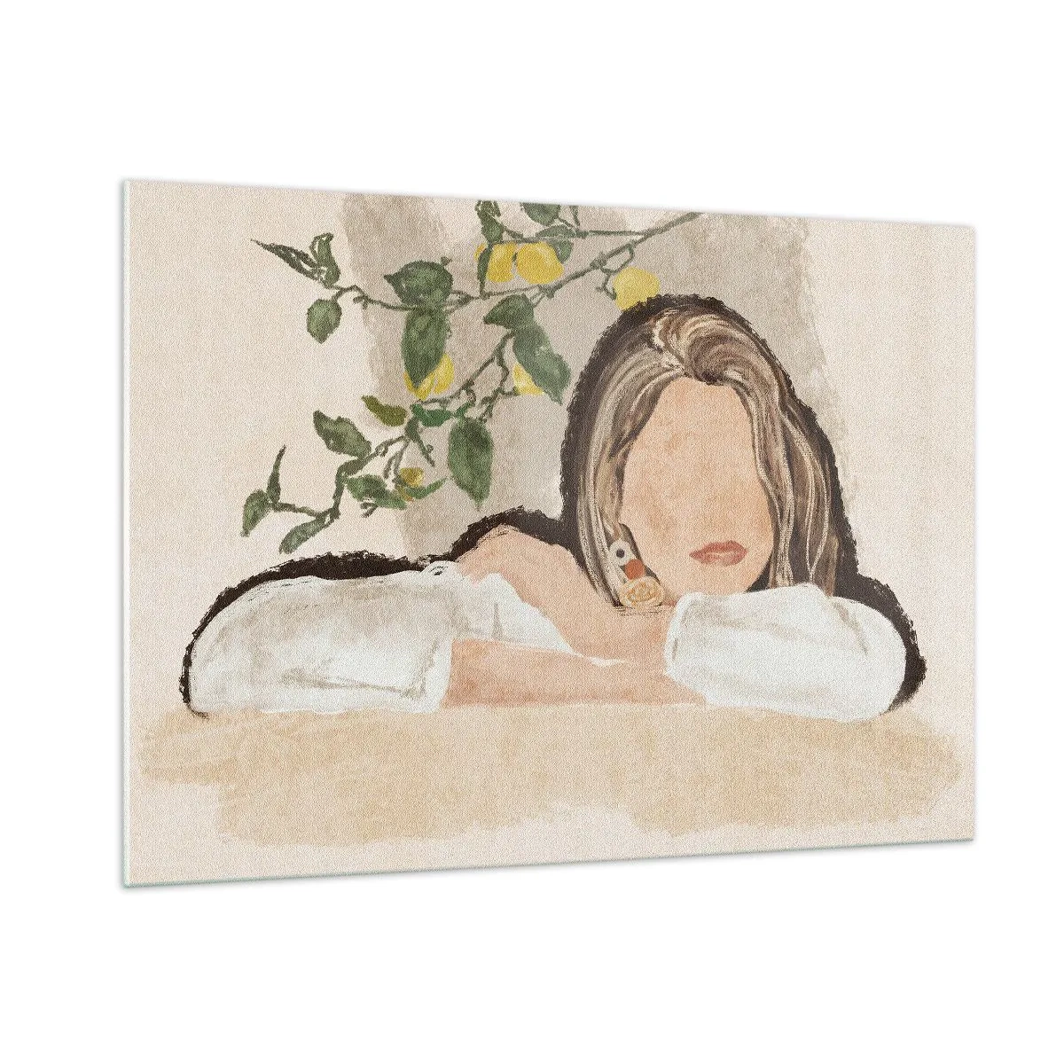 Obraz na szkle - Kobieta oparta na stole wśród gałązek cytrynowego drzewa bez wyraźnych rysów twarzy - 100x70cm - Piękność południa - Nowoczesna dekoracja ścienna do salonu, kuchni i sypialni ARTTOR