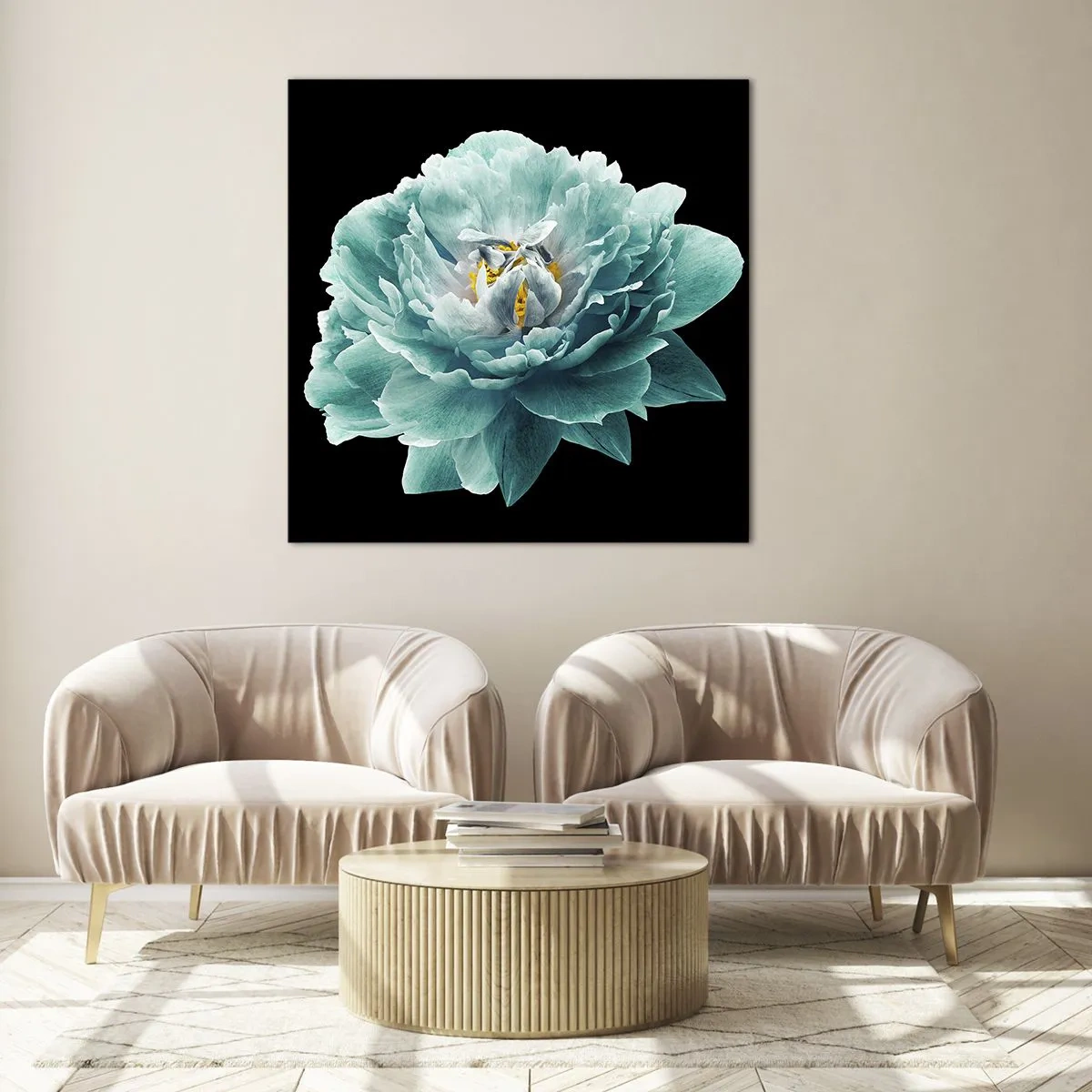 Obraz na szkle - Płatki błękitne i złote - 50x50 cm