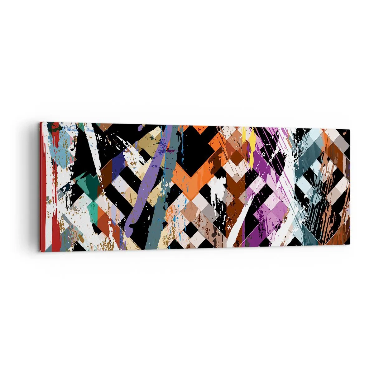 Obraz na płótnie - Abstrakcyjna kompozycja z kolorowymi liniami na czarnym tle - 140x50cm - Podniesione do kwadratu - Nowoczesna dekoracja ścienna do salonu i sypialni ARTTOR