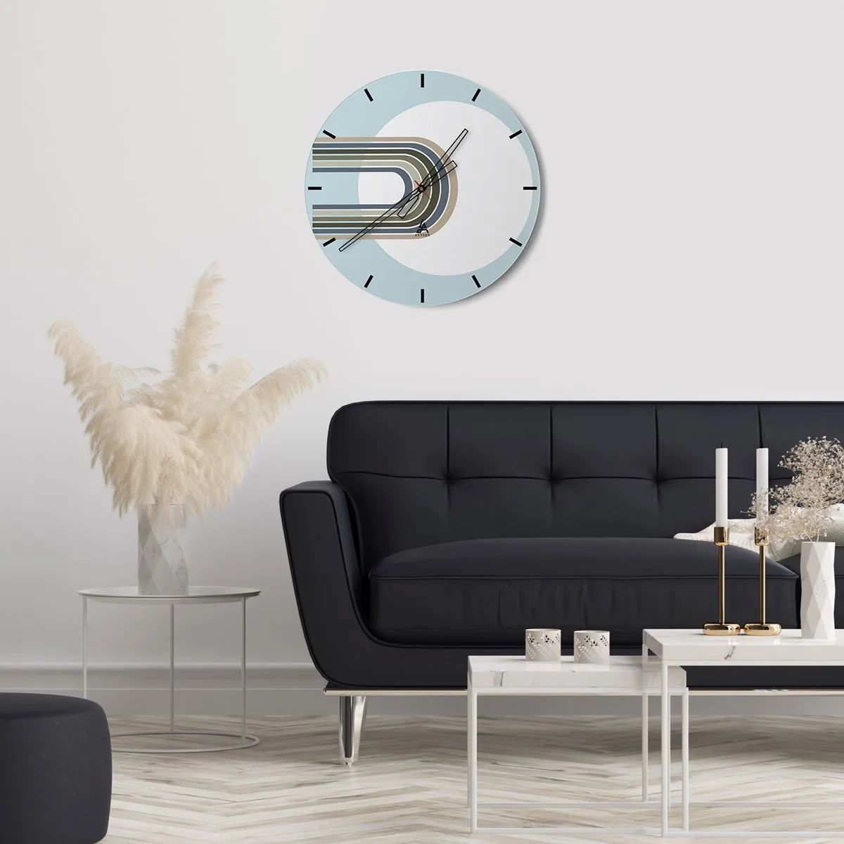 Zegar ścienny - Graficzne linie w kształcie magnesu na błękitnym tle - 30x30cm - Nieodparte przyciąganie - Nowoczesna dekoracja ścienna do salonu, kuchni i sypialni ARTTOR