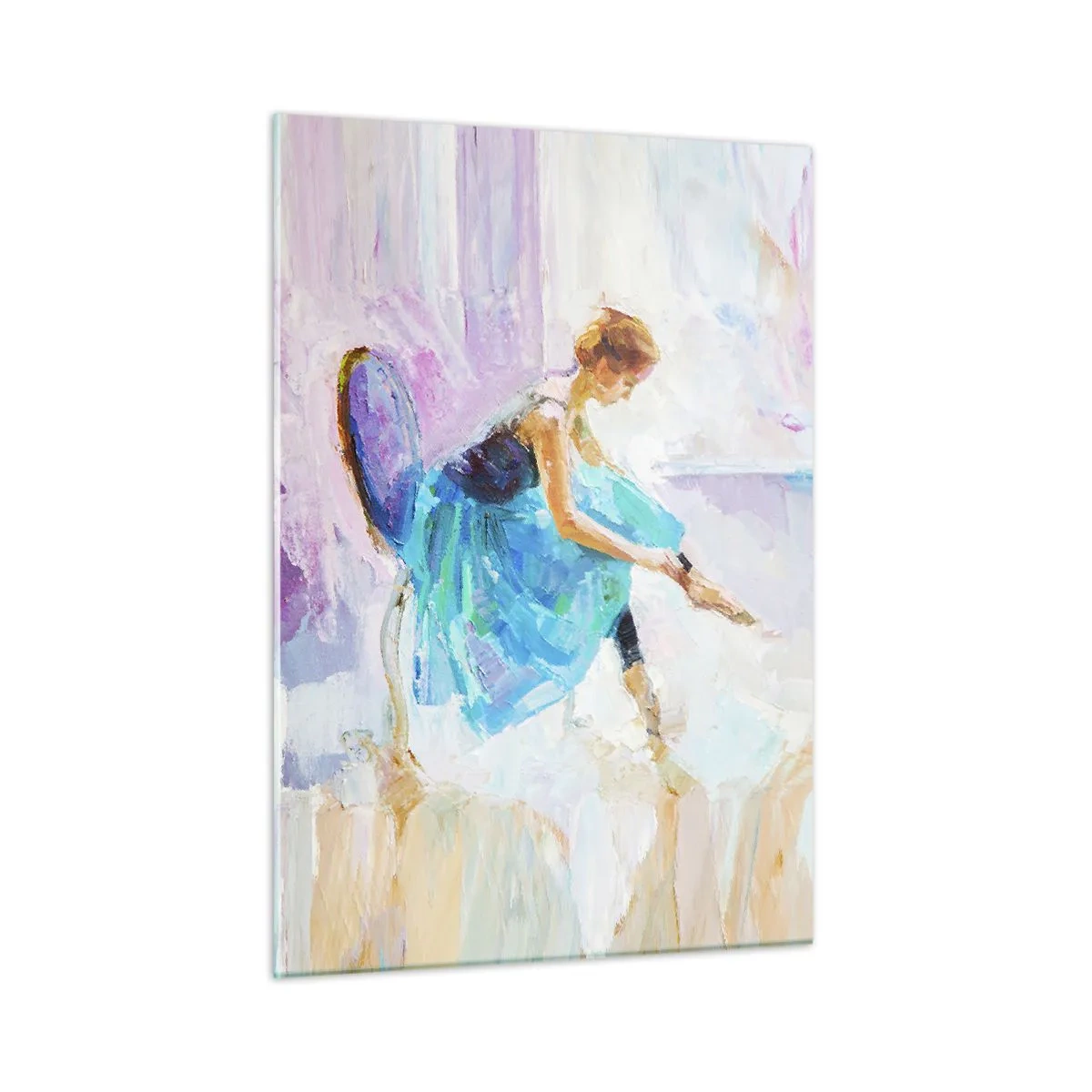 Obraz na szkle - Baletnica w błękitnej sukni na tle impresjonistycznym - 50x70cm - Niewysłowiony wdzięk, subtelny czar - Nowoczesna dekoracja ścienna do salonu, kuchni i sypialni ARTTOR