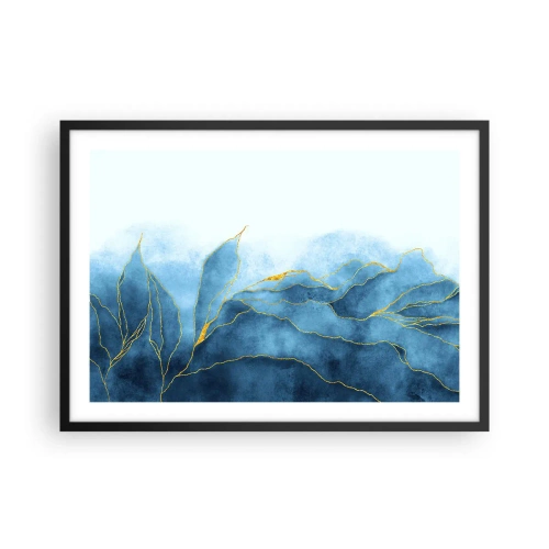 Plakat w czarnej ramie - Abstrakcyjne fale w odcieniach niebieskiego ze złotymi akcentami - 70x50cm - Błękit w złocie - Nowoczesna dekoracja ścienna do salonu i sypialni ARTTOR