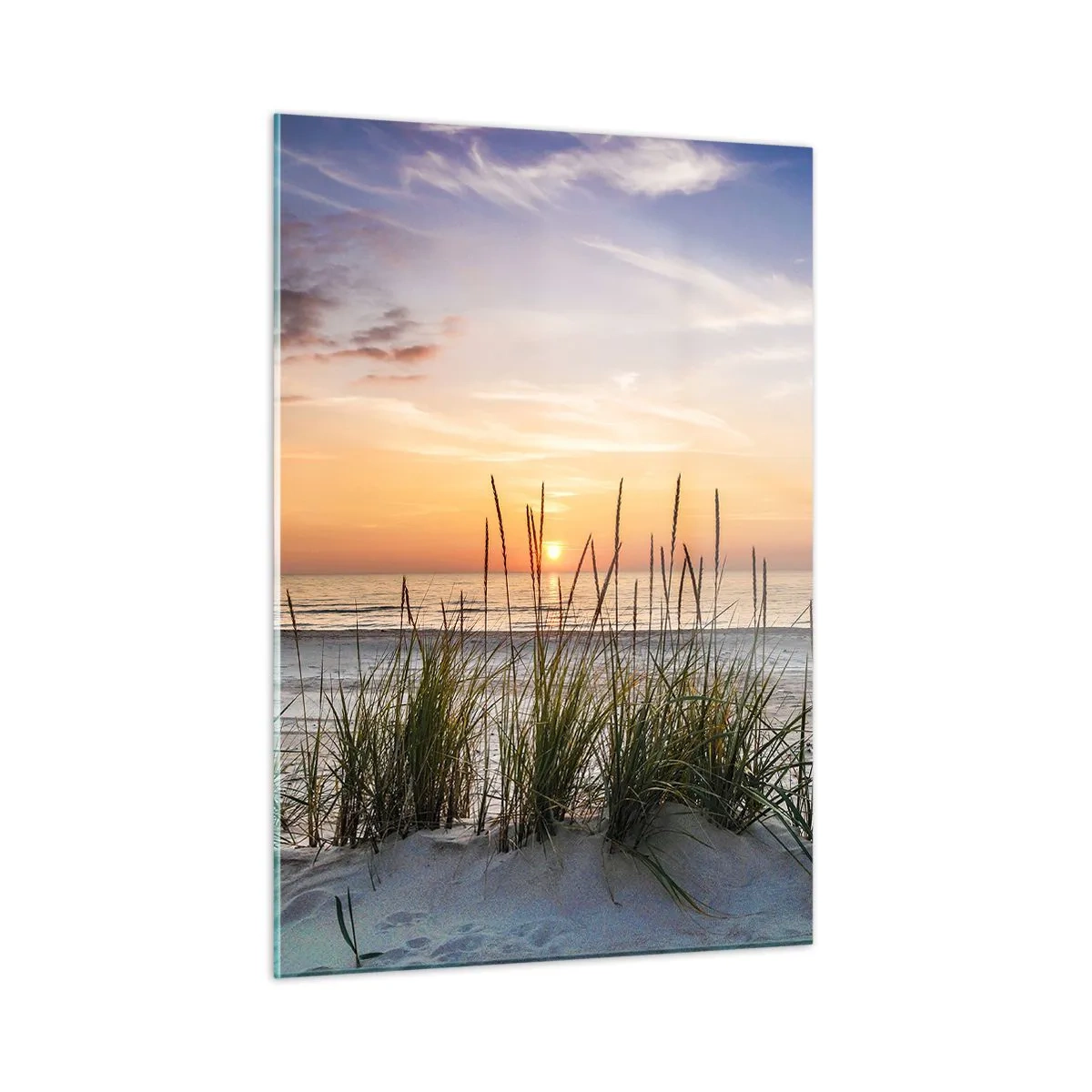 Obraz na szkle - Zachód słońca nad plażą z trawami - 50x70cm - Popatrz, pomyśl, poczuj - Nowoczesna dekoracja ścienna do salonu, kuchni i sypialni ARTTOR