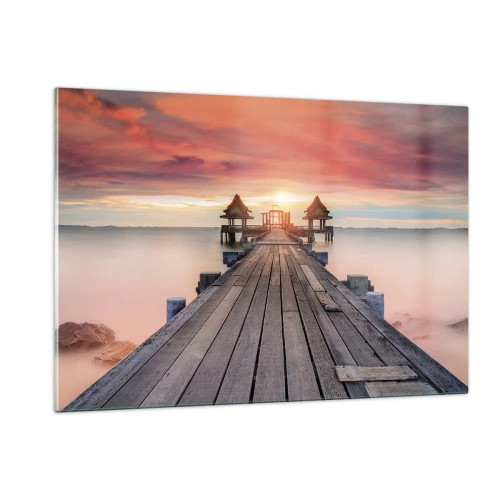 Obraz na szkle - Drewniane molo prowadzące do altanek nad wodą o zachodzie słońca - 120x80cm - Zachód na wschodzie - Nowoczesna dekoracja ścienna do salonu, kuchni i sypialni ARTTOR