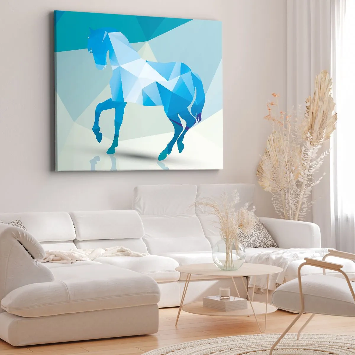 Obraz na płótnie - Geometryczna sylwetka konia w odcieniach niebieskiego - 70x50cm - Geometryczny koń w turkusie - Nowoczesna dekoracja ścienna do salonu i sypialni ARTTOR