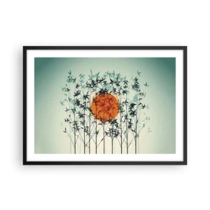 Plakat w czarnej ramie - Pomarańczowe słońce wśród bambusowych gałęzi - 70x50cm - Japońskie słońce - Nowoczesna dekoracja ścienna do salonu i sypialni ARTTOR