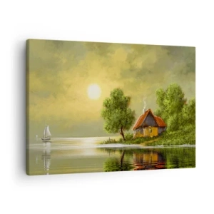 Obraz na płótnie - Dom nad jeziorem w świetle zachodzącego słońca - 70x50cm - Pięknie, jak z obrazka - Nowoczesna dekoracja ścienna do salonu i sypialni ARTTOR