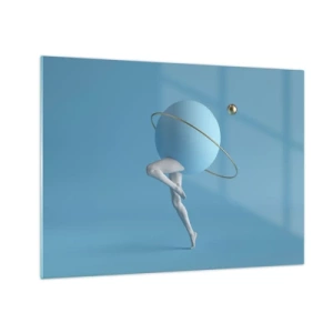 Obraz na szkle - Minimalistyczna kompozycja planety z ludzkimi nogami na błękicie - 70x50cm - A planety szaleją - Nowoczesna dekoracja ścienna do salonu i sypialni ARTTOR