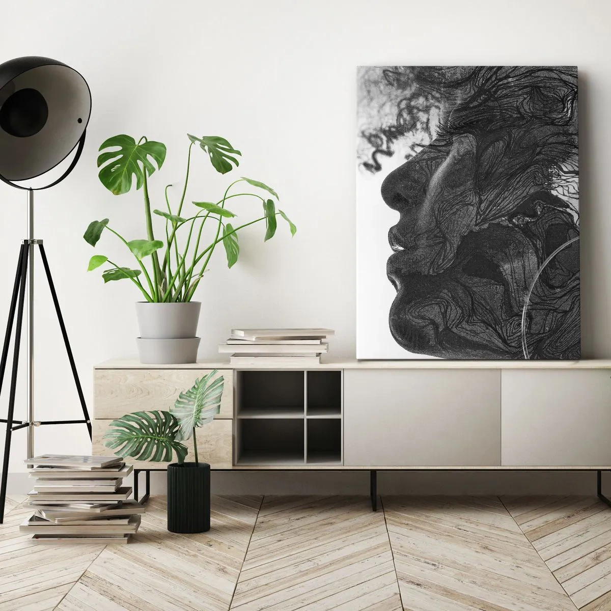 Obraz na płótnie - Abstrakcyjny portret kobiety w czarno-białych liniach i kształtach - 50x70cm - Zaplątana w marzeniach - Nowoczesna dekoracja ścienna do salonu, kuchni i sypialni ARTTOR