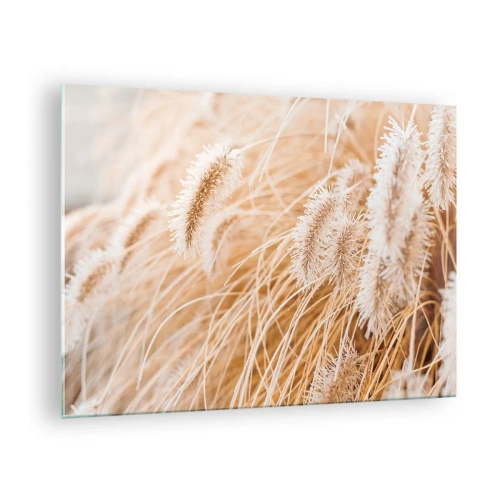 Obraz na szkle - Zbliżenie na puszyste kłosy traw w złotym świetle - 70x50cm - Złoty szelest traw - Nowoczesna dekoracja ścienna do salonu i sypialni ARTTOR
