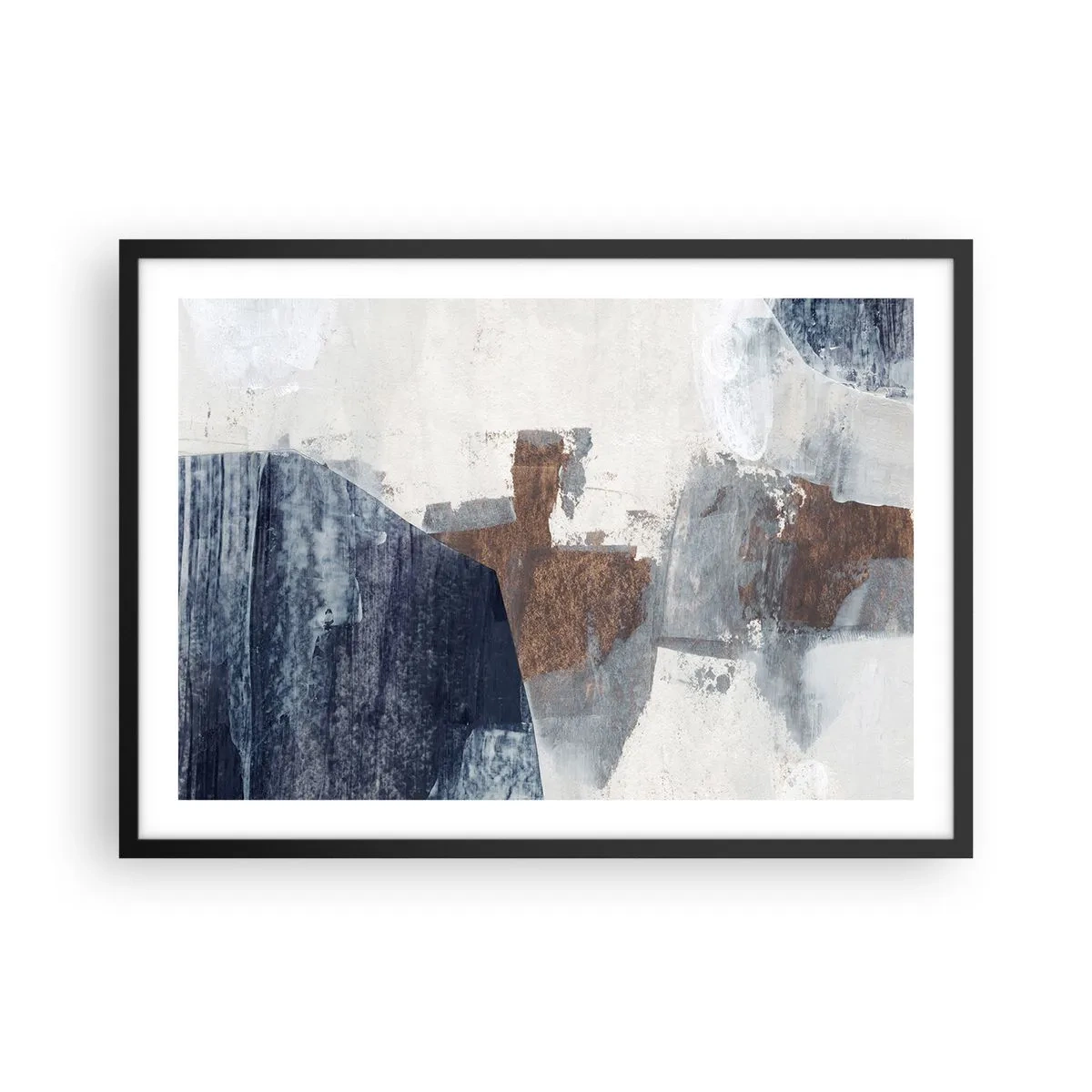 Plakat w czarnej ramie - Abstrakcyjne kształty w odcieniach błękitu i brązu - 70x50cm - Błękitno-brunatne kształty - Nowoczesna dekoracja ścienna do salonu i sypialni ARTTOR