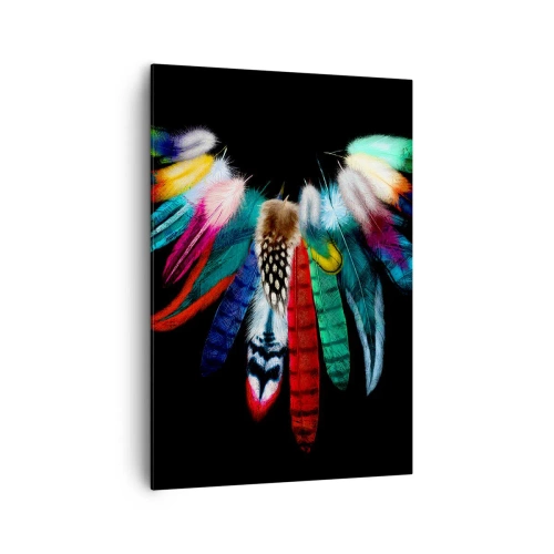 Obraz na płótnie - Kolorowe pióra na czarnym tle w artystycznej kompozycji - 70x100cm - Indiański naszyjnik - Nowoczesna dekoracja ścienna do salonu i sypialni ARTTOR