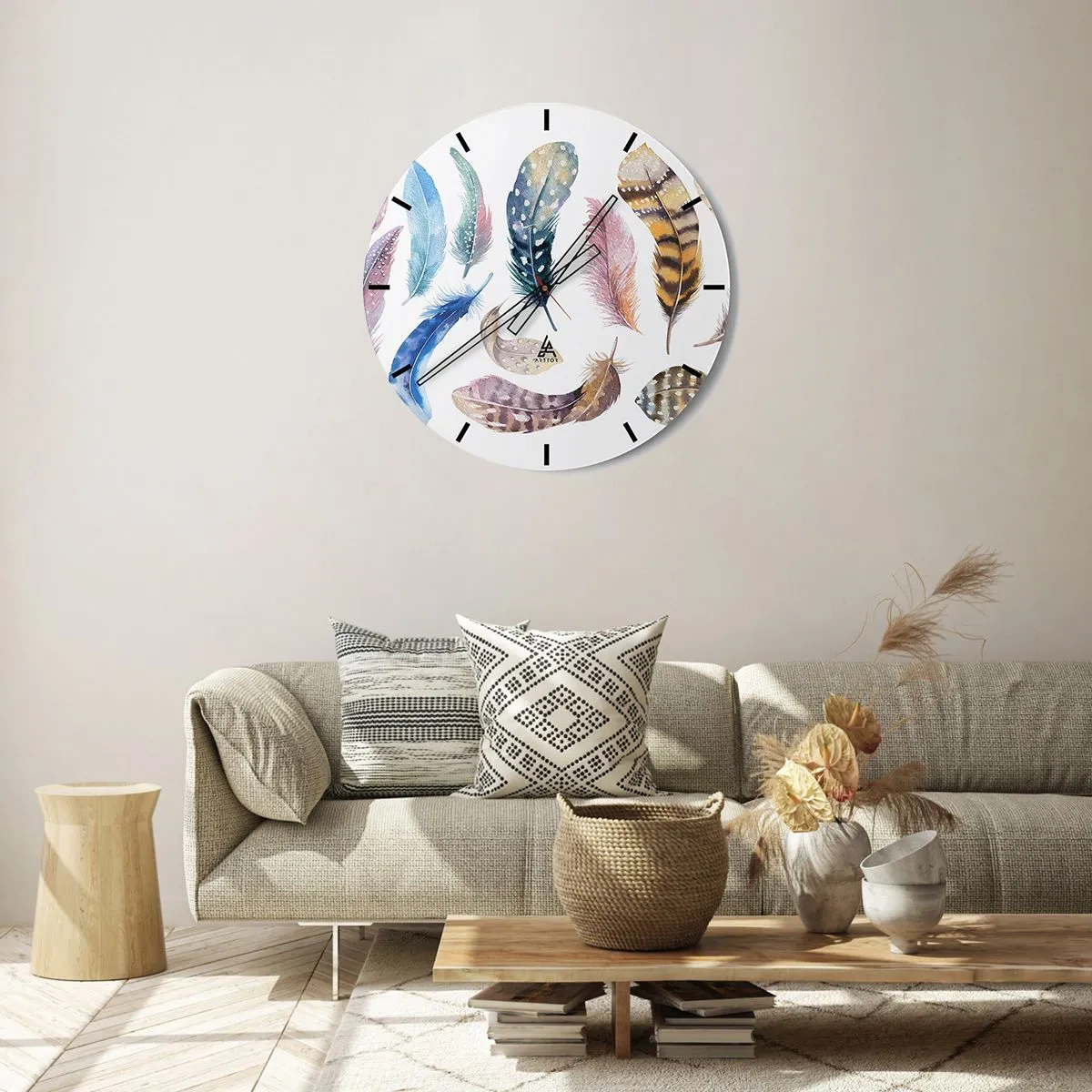 Zegar ścienny - Kolorowe pióra w akwarelowym stylu - 30x30cm - Lekkie, pstrokate i wielobarwne - Nowoczesna dekoracja ścienna do salonu, kuchni i sypialni ARTTOR