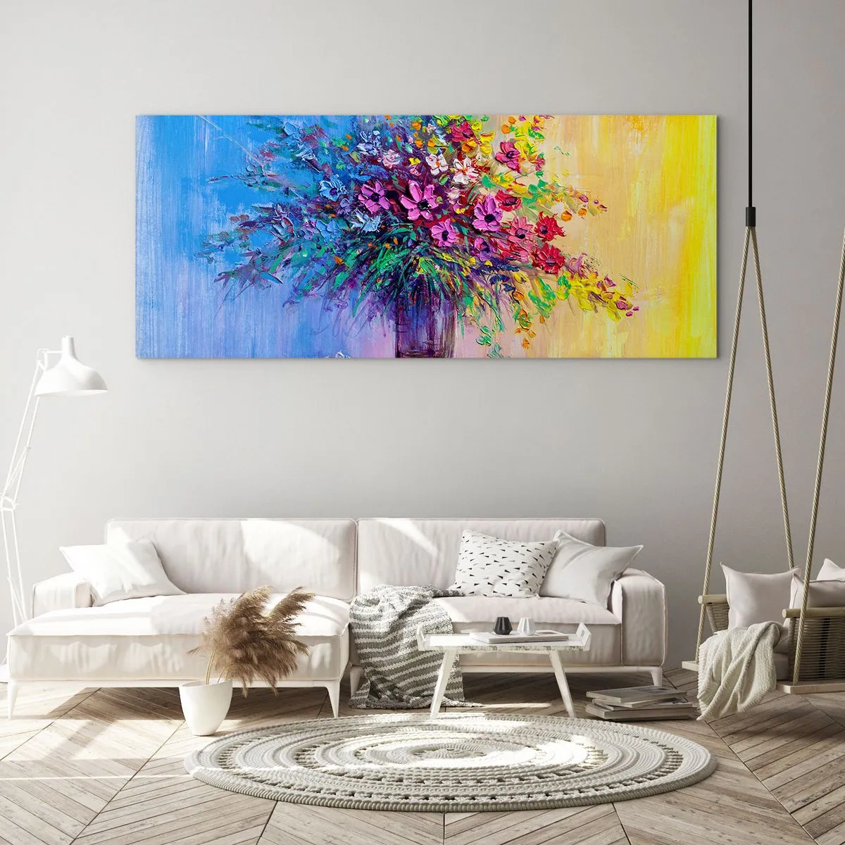 Obraz na szkle - Kolorowy bukiet kwiatów w wazonie na tle gradientu - 140x50cm - Dar letnirj łąki - Nowoczesna dekoracja ścienna do salonu i sypialni ARTTOR