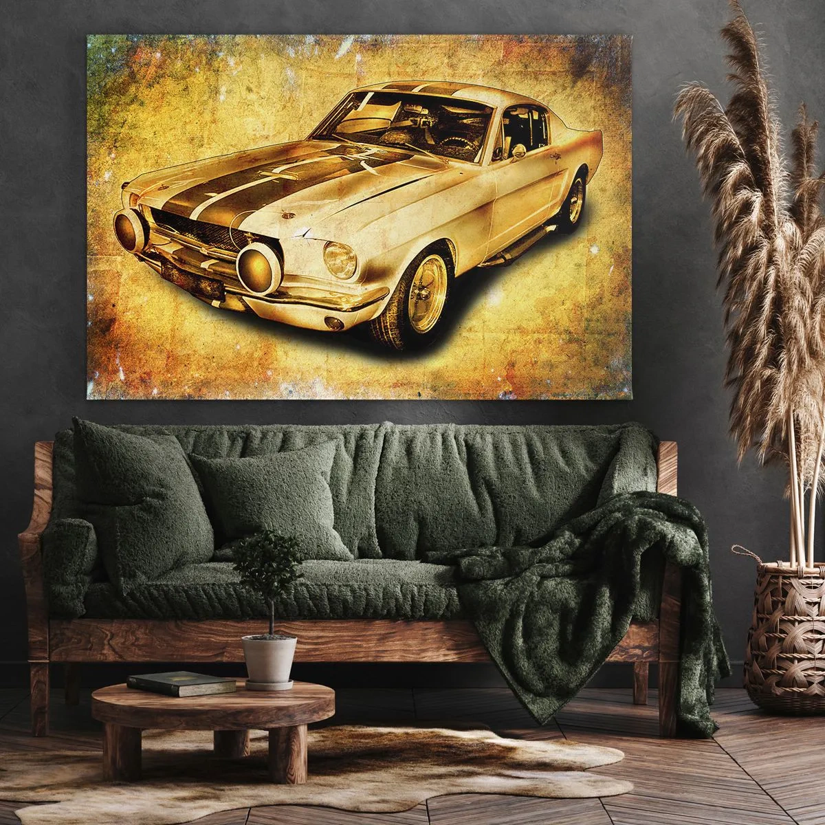 Obraz na płótnie - Klasyczny sportowy samochód retro na tle vintage w złotych odcieniach - 120x80cm - Szalone lata 70. - Nowoczesna dekoracja ścienna do salonu, kuchni i sypialni ARTTOR