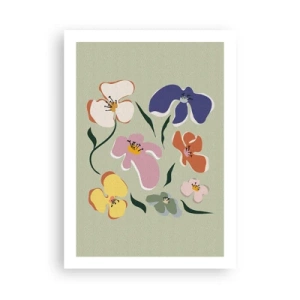 Plakat - Kolorowe kwiaty na zielonym tle w artystycznym stylu - 50x70cm - Bratki za pan brat - Nowoczesna dekoracja ścienna do salonu, kuchni i sypialni ARTTOR