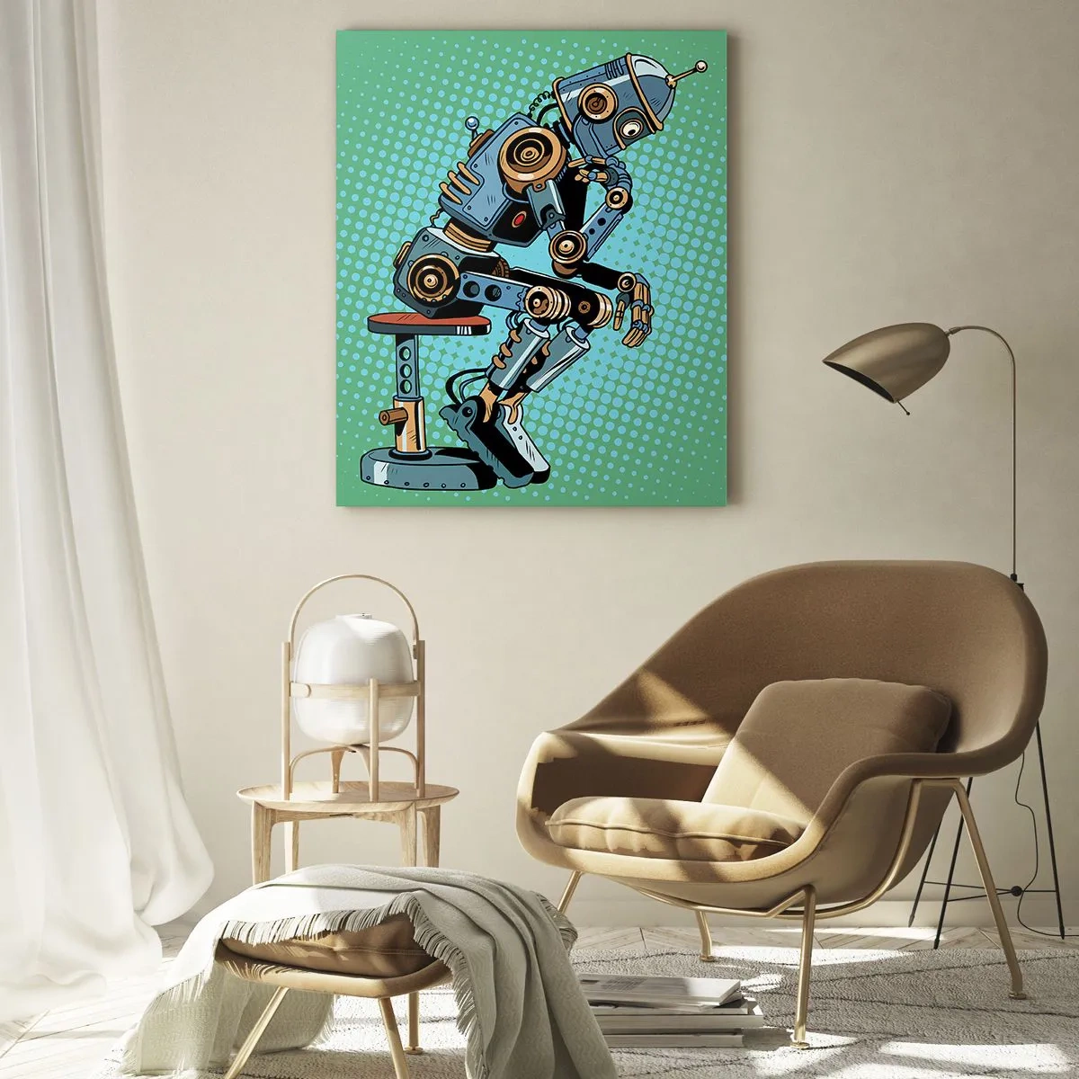 Obraz na szkle - Robot myśliciel na tle zielonego pop-artowego wzoru - 50x70cm - Nad istotą bytu - Nowoczesna dekoracja ścienna do salonu, kuchni i sypialni ARTTOR