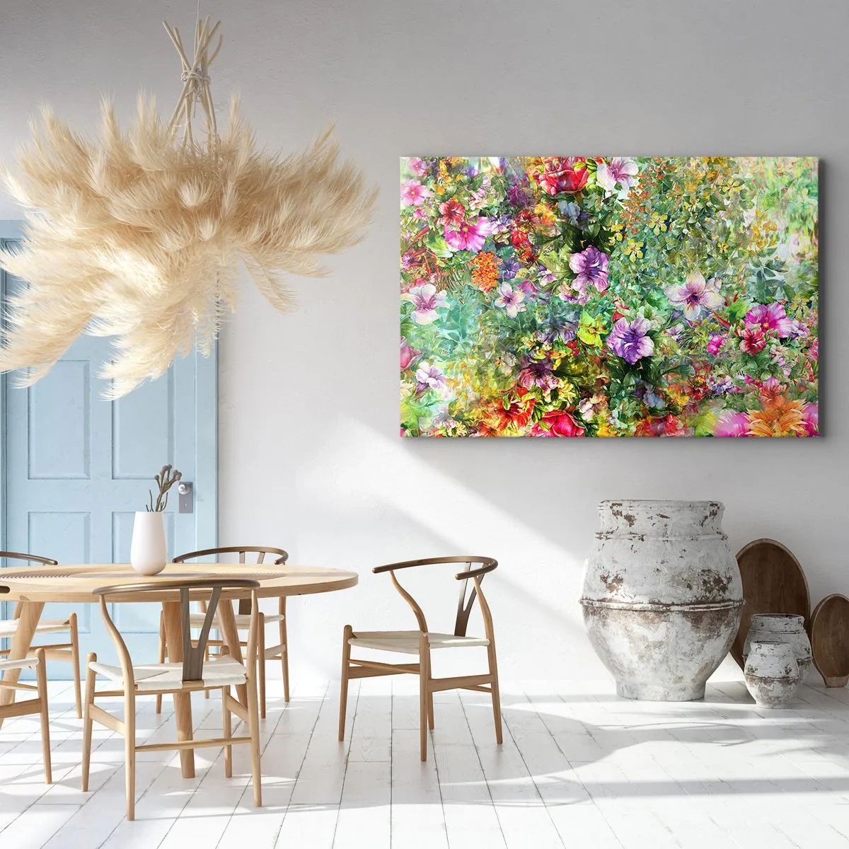 Obraz na płótnie - Kolorowa kompozycja kwiatów na zielonym tle - 70x50cm - W kwiaty na zatracenie - Nowoczesna dekoracja ścienna do salonu i sypialni ARTTOR