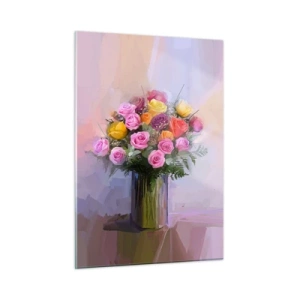 Obraz na szkle - Bukiet róż w szklanym wazonie na pastelowym tle - 50x70cm - Zatrzymane piękno - Nowoczesna dekoracja ścienna do salonu, kuchni i sypialni ARTTOR
