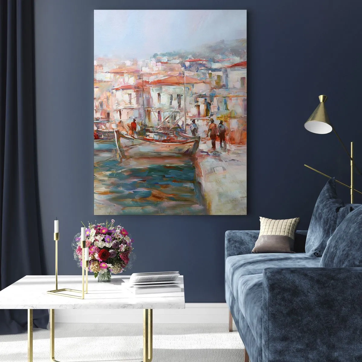 Obraz na szkle - Malowniczy port z łodziami w pastelowej kolorystyce - 50x70cm - Pastelowe wakacje - Nowoczesna dekoracja ścienna do salonu, kuchni i sypialni ARTTOR